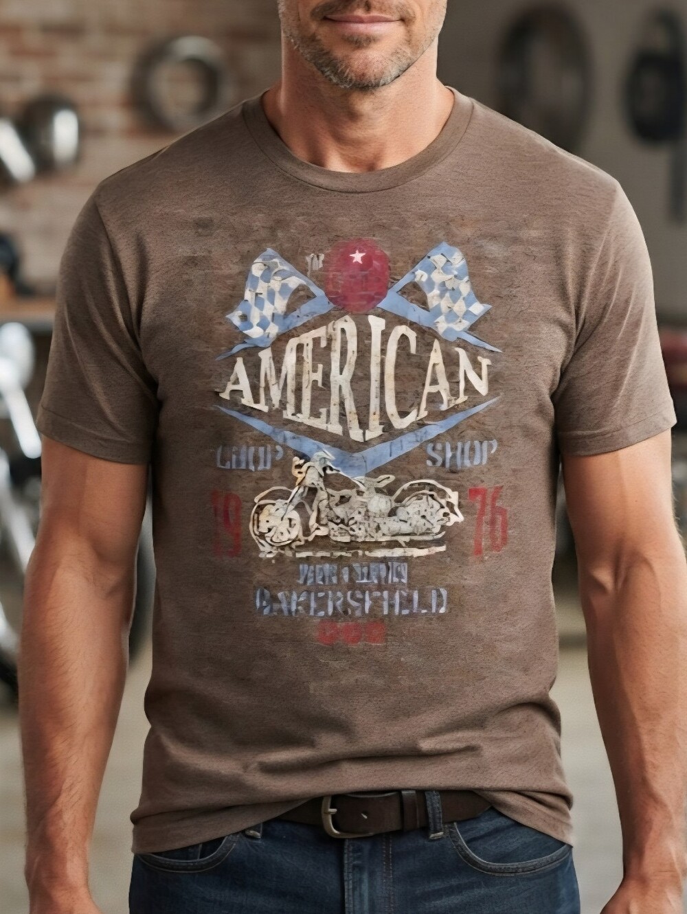 Gildan Men’s Biker T-Shirt Brown Great American Chop Shop Motorcycle Tee XL